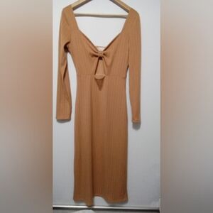 Altar'd State Camel Ribbed Long-Sleeve Midi Dress - Size M